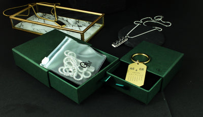 Jewelry set with green box on a dark surface