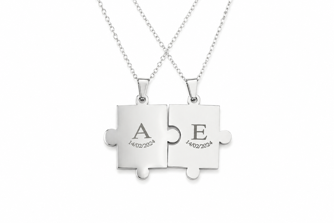 Puzzle Piece Necklace, Custom Initial and Date