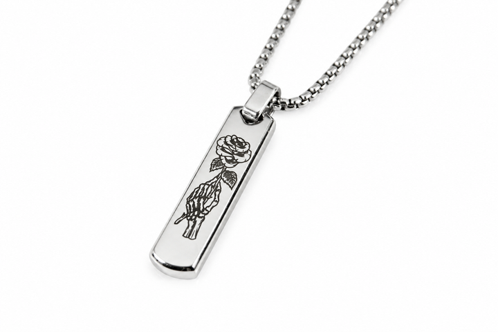 Silver Skull Rose Necklace, Tattoo Art
