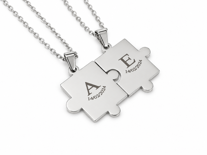 Couples Puzzle Necklace Set, Matching Initials and Date