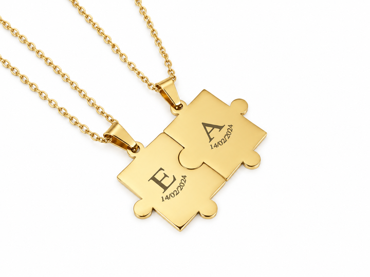 Couples Puzzle Necklace Set, Matching Initials and Date