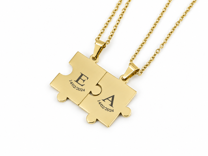 Couples Puzzle Necklace Set, Matching Initials and Date