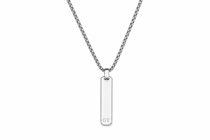 Black Bar Pendant And Chain With Engraved Initials