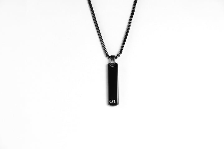 Black Bar Pendant And Chain With Engraved Initials