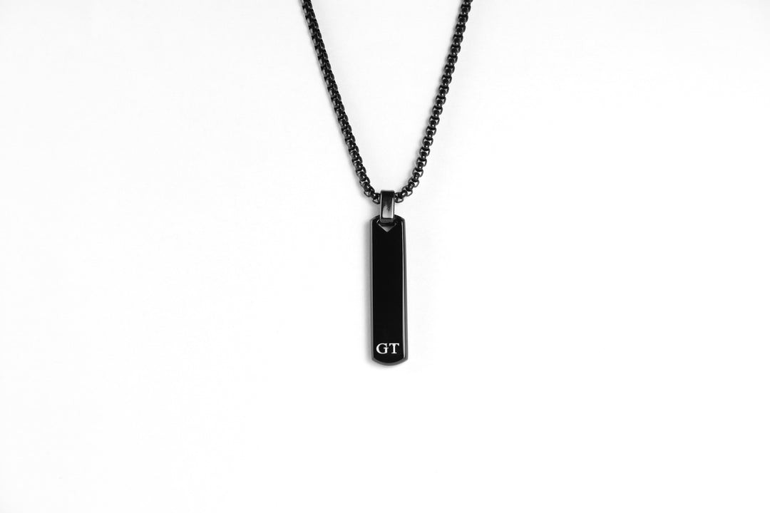 Black Bar Pendant And Chain With Engraved Initials