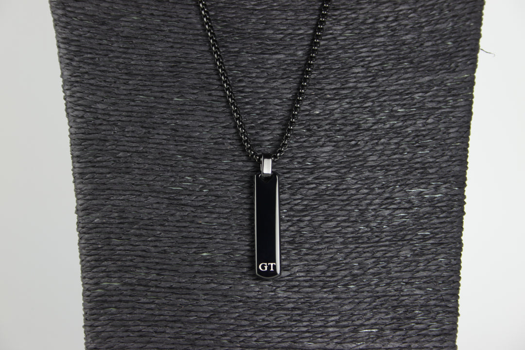 Black Bar Pendant And Chain With Engraved Initials