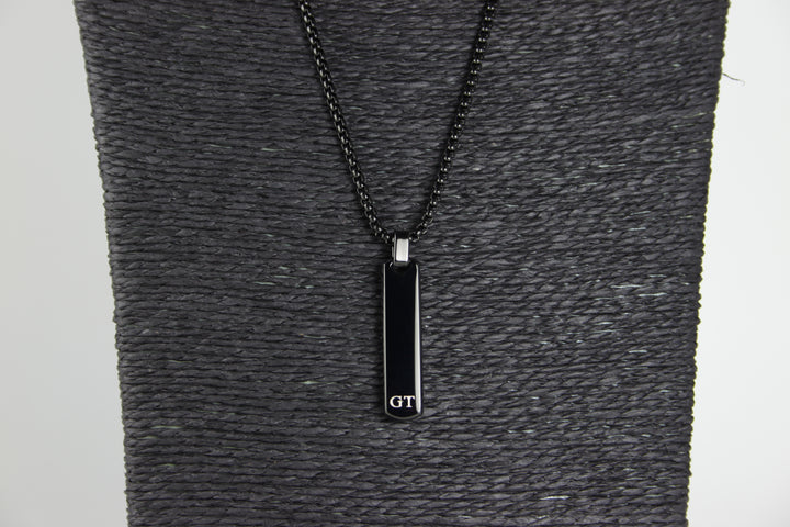 Black Bar Pendant And Chain With Engraved Initials