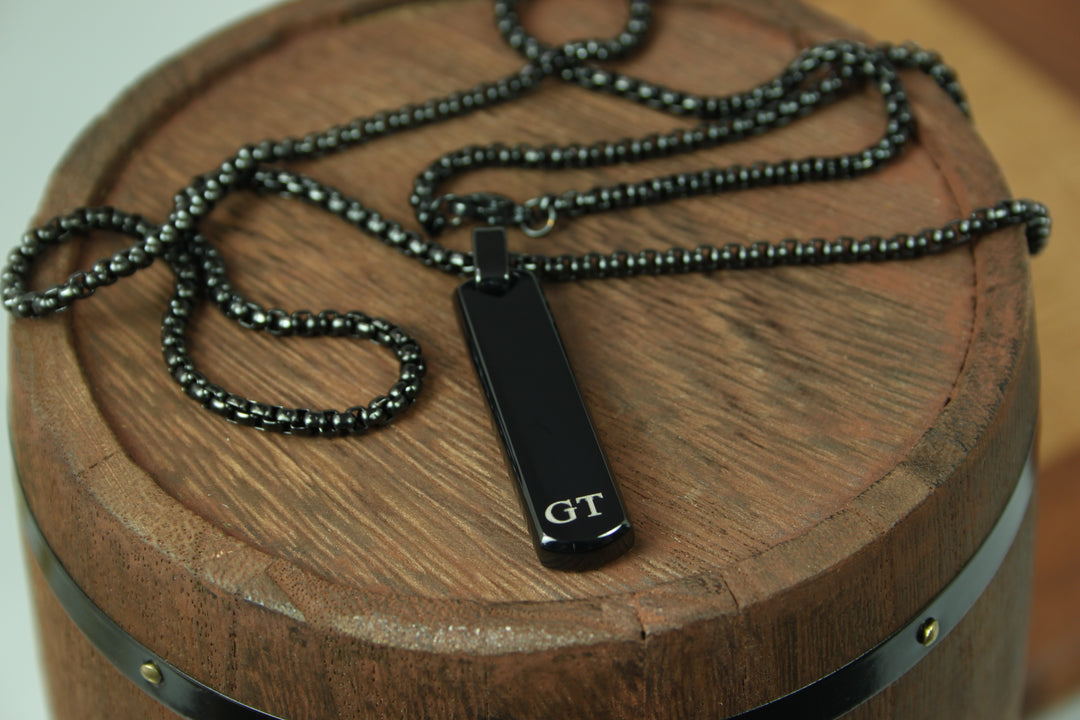 Black Bar Pendant And Chain With Engraved Initials
