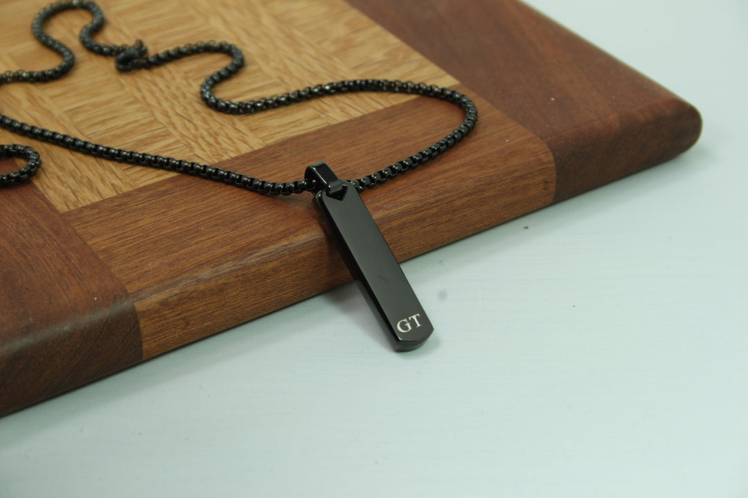 Black Bar Pendant And Chain With Engraved Initials