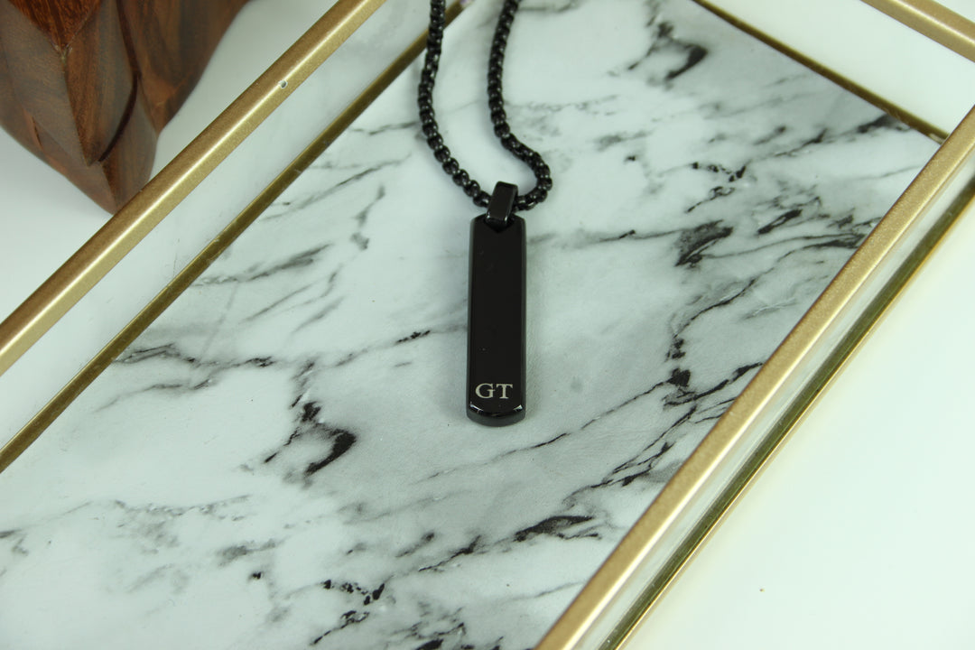 Black Bar Pendant And Chain With Engraved Initials