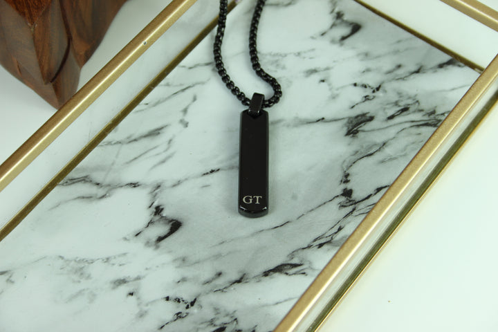Black Bar Pendant And Chain With Engraved Initials