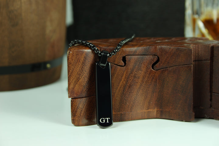 Black Bar Pendant And Chain With Engraved Initials