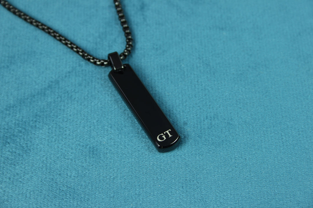 Black Bar Pendant And Chain With Engraved Initials