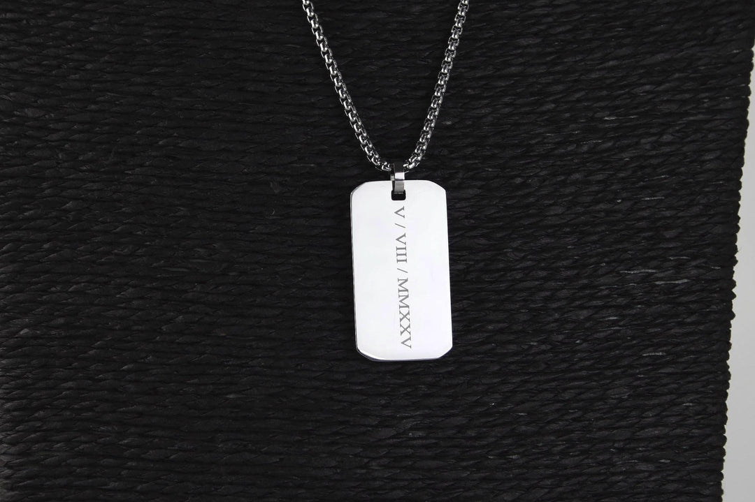 Personalised Roman Numerals Engraved Rectangle Necklace