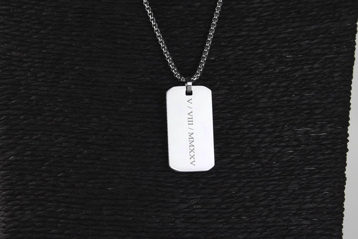 Personalised Roman Numerals Engraved Rectangle Necklace