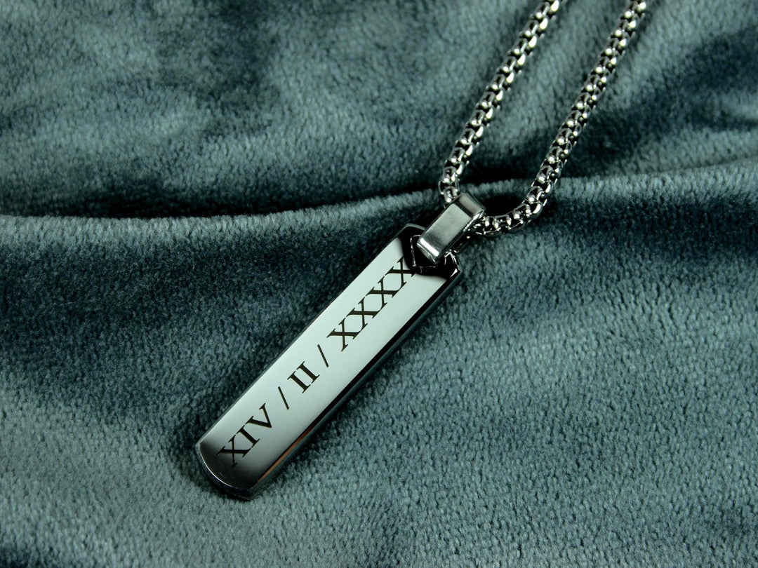 Personalised Silver Bar Pendant, Roman Numerals