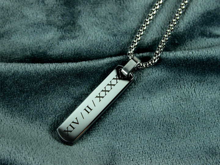 Personalised Silver Bar Pendant, Roman Numerals