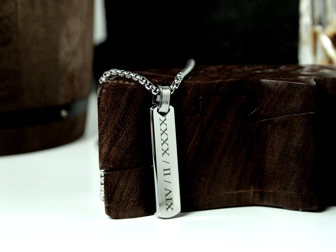 Personalised Silver Bar Pendant, Roman Numerals