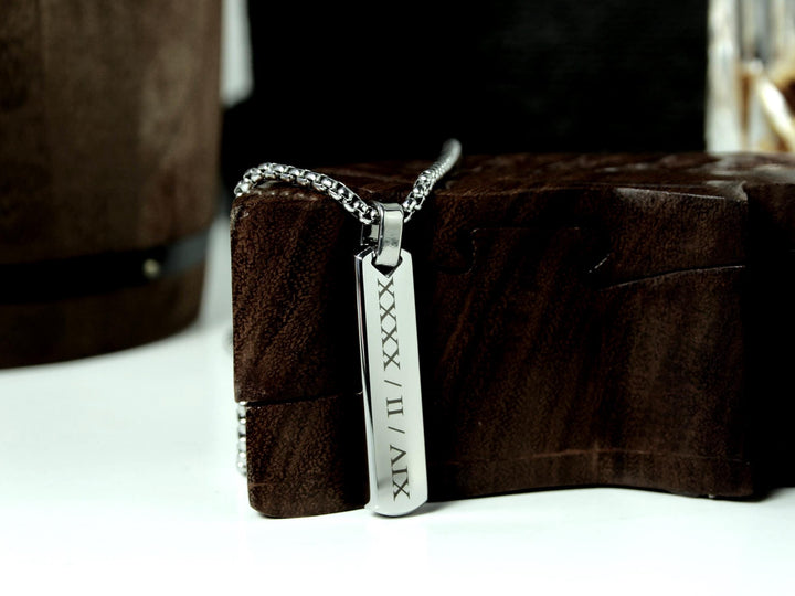 Personalised Silver Bar Pendant, Roman Numerals