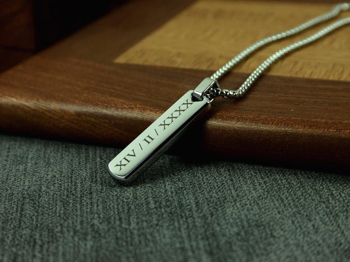 Personalised Silver Bar Pendant, Roman Numerals