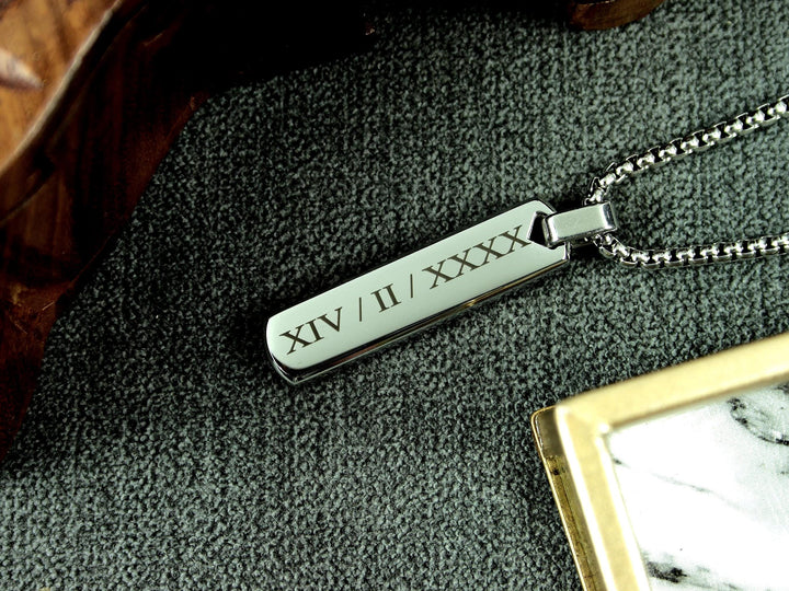 Personalised Silver Bar Pendant, Roman Numerals