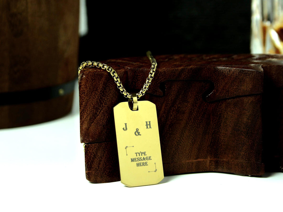 Gold Rectangle Engraved Initials Necklace
