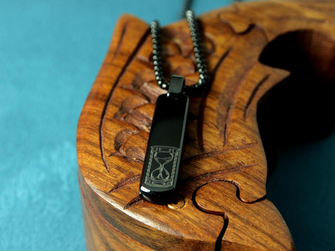 Black Initial Necklace, Sand Timer Art Design