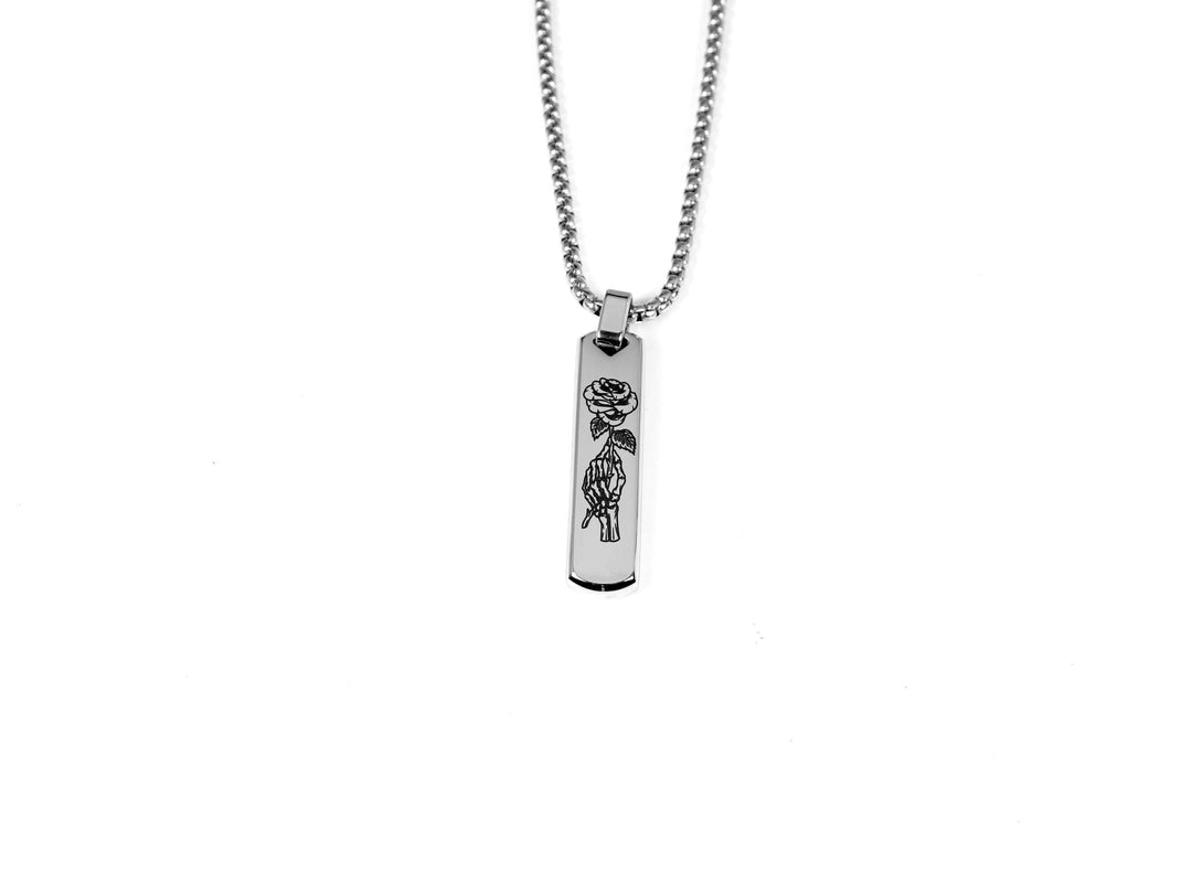 Silver Skull Rose Necklace, Tattoo Art