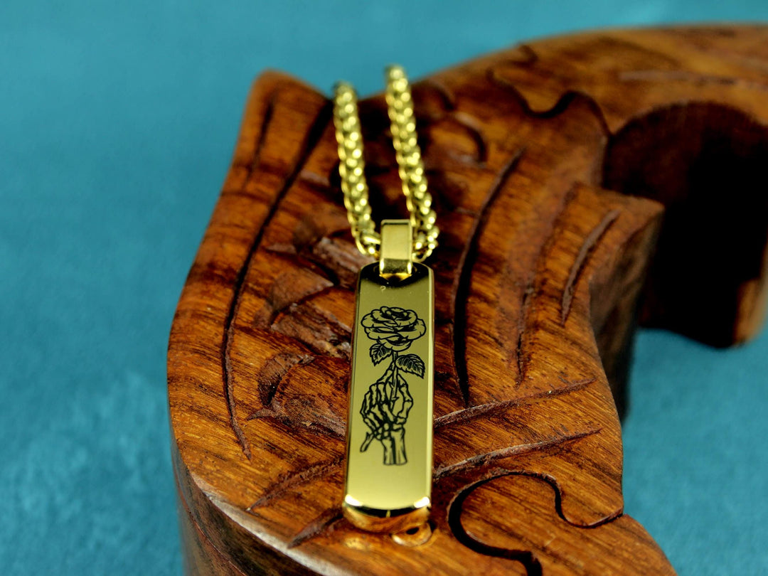Gold Skull Pendant, Tattoo Style Rose Design