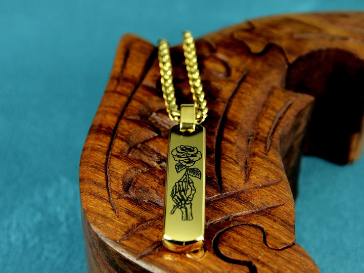 Gold Skull Pendant, Tattoo Style Rose Design