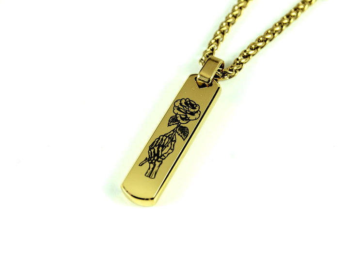 Gold Skull Pendant, Tattoo Style Rose Design
