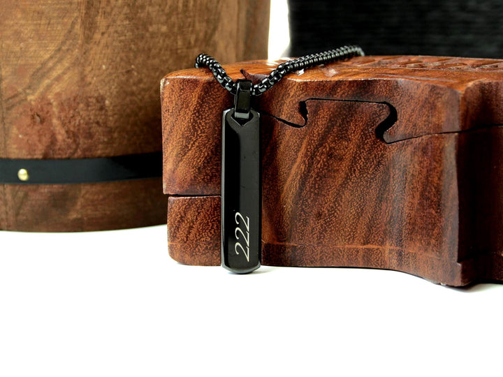 Black Angel Number Bar Necklace Engraved