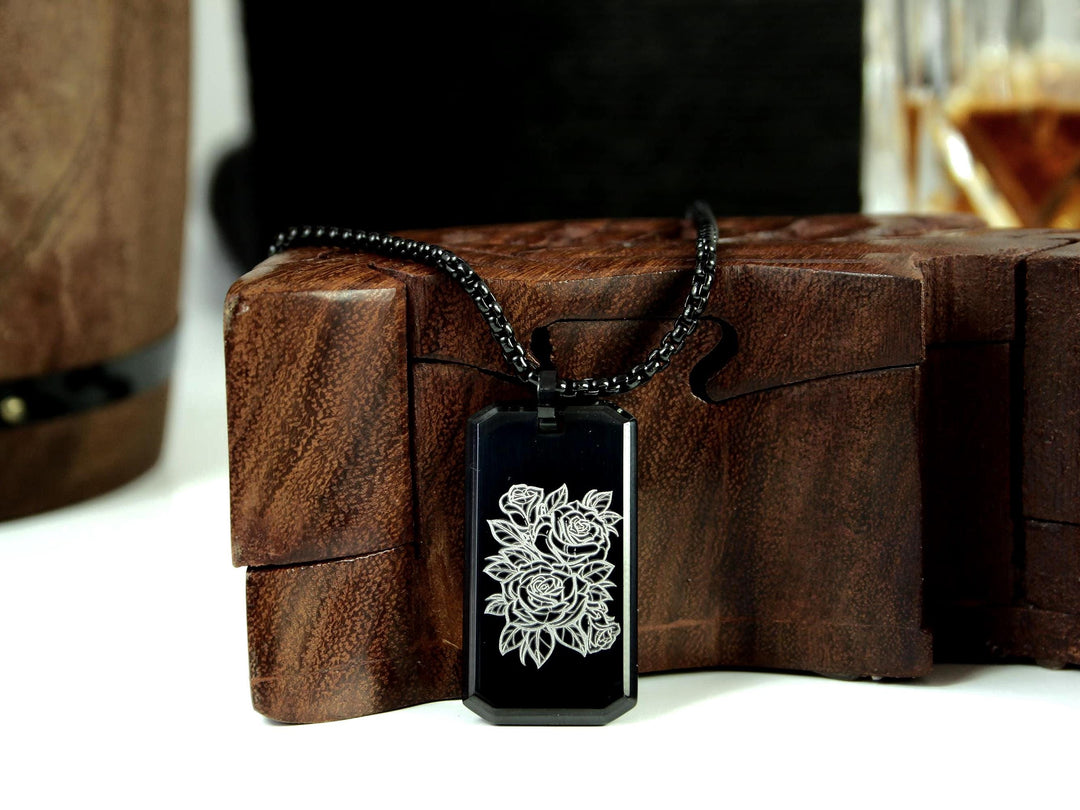 Black Flower Tattoo Necklace Personalised Name