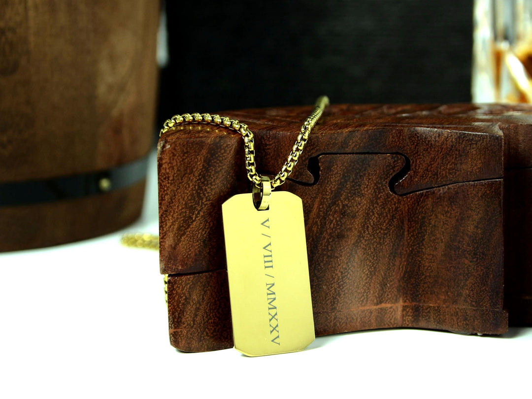 Personalised Roman Numerals Engraved Rectangle Necklace