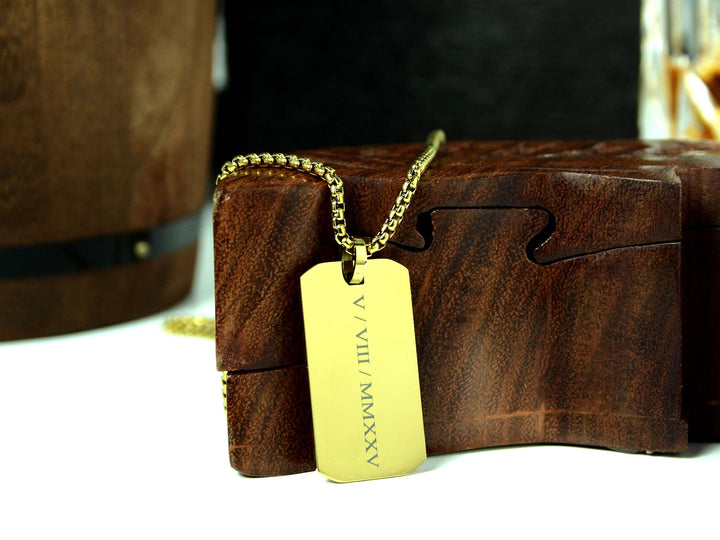 Personalised Roman Numerals Engraved Rectangle Necklace