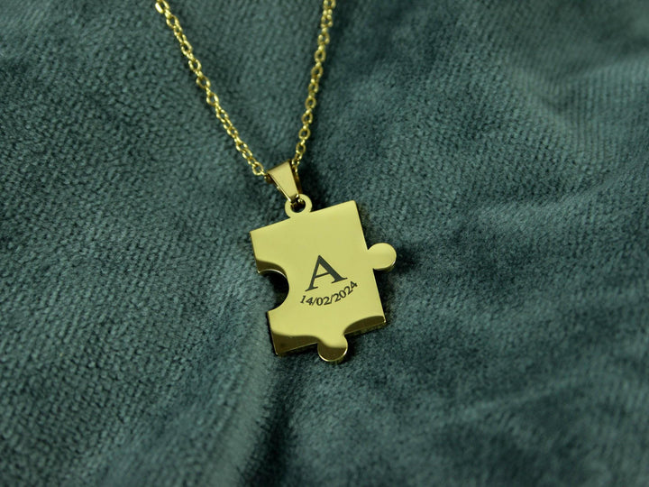 Gold Puzzle Piece Pendant, Small Initial with Date Engraved