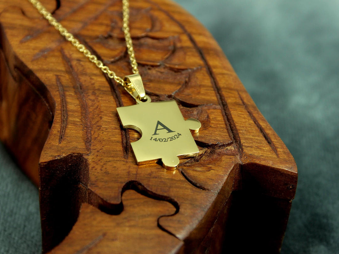 Gold Puzzle Piece Pendant, Small Initial with Date Engraved