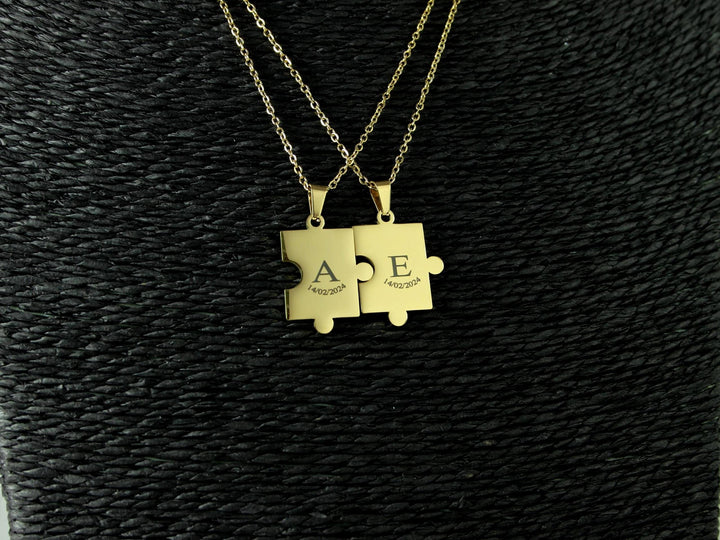Gold Puzzle Piece Pendant, Small Initial with Date Engraved