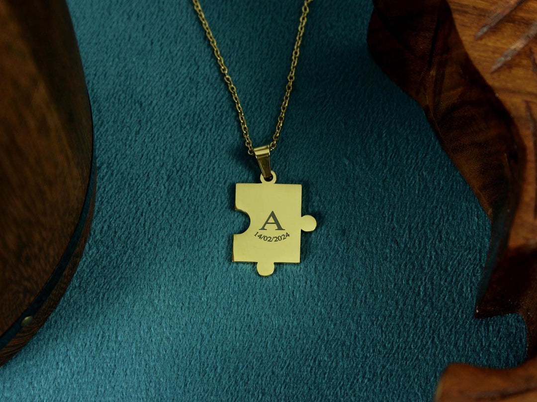 Gold Puzzle Piece Pendant, Small Initial with Date Engraved