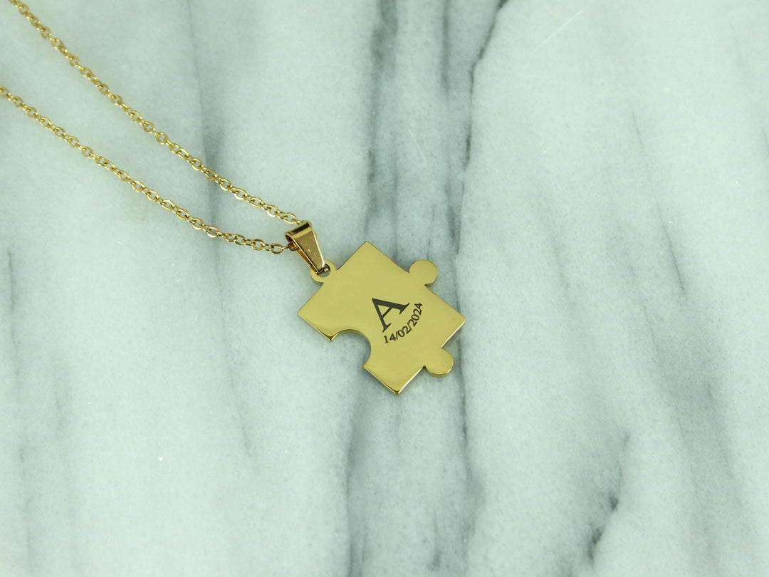 Gold Puzzle Piece Pendant, Small Initial with Date Engraved