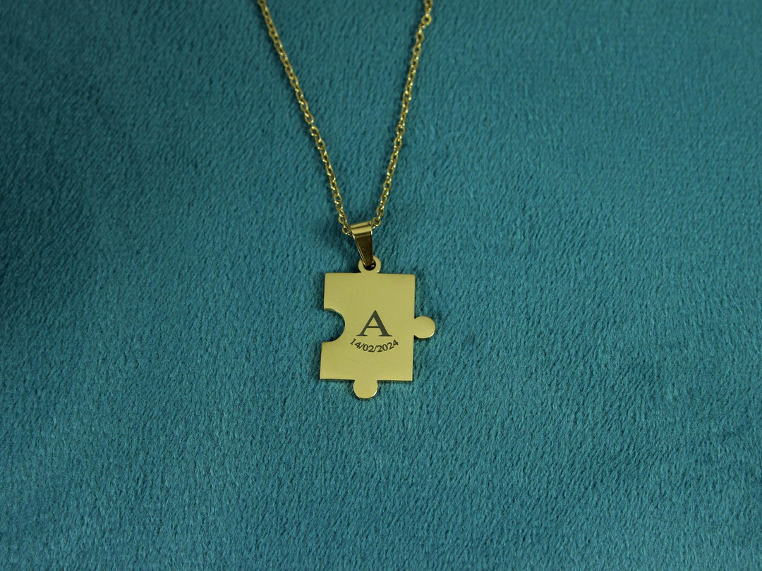 Gold Puzzle Piece Pendant, Small Initial with Date Engraved