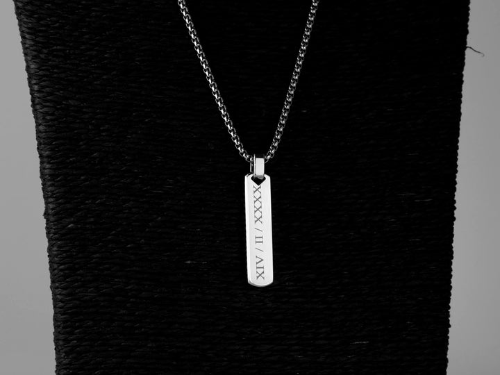 Personalised Silver Bar Pendant, Roman Numerals