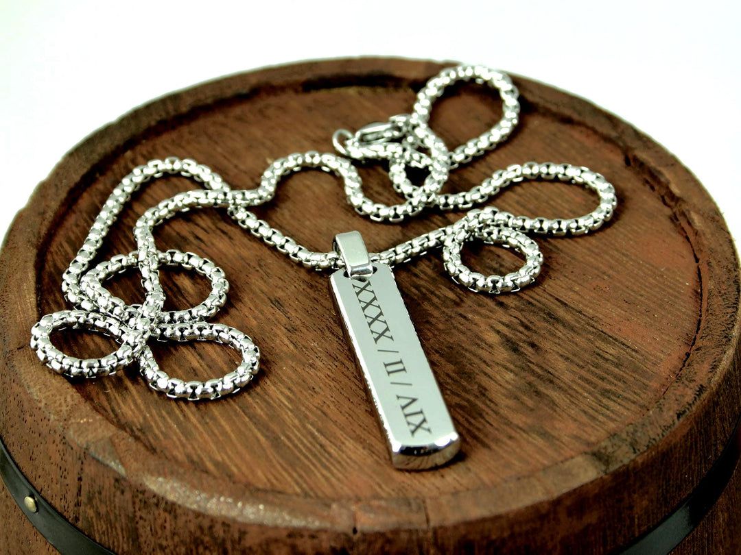 Personalised Silver Bar Pendant, Roman Numerals
