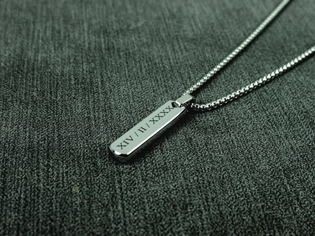 Personalised Silver Bar Pendant, Roman Numerals
