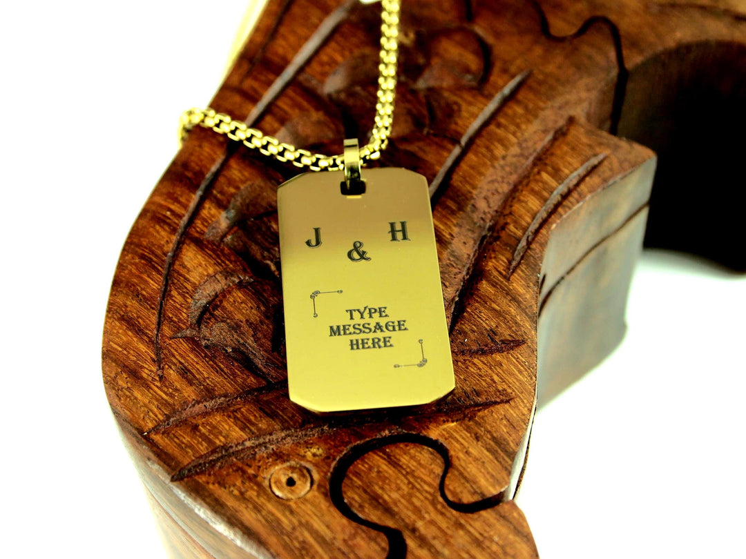 Gold Rectangle Engraved Initials Necklace