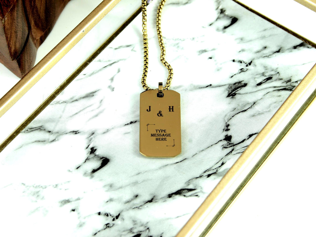 Gold Rectangle Engraved Initials Necklace