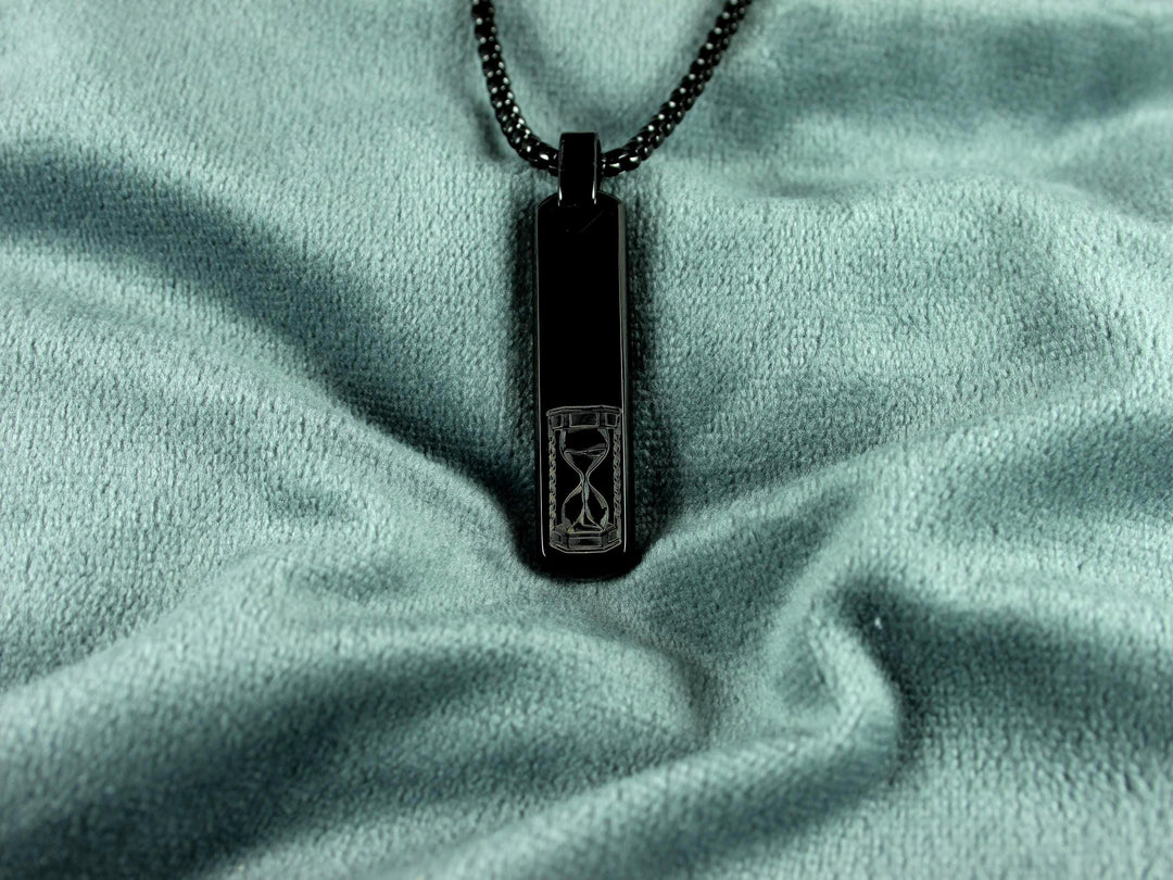 Black Initial Necklace, Sand Timer Art Design