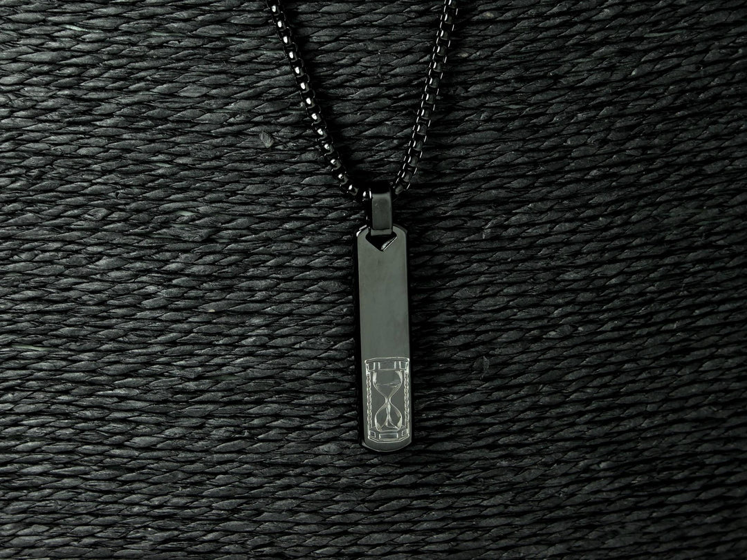Black Initial Necklace, Sand Timer Art Design