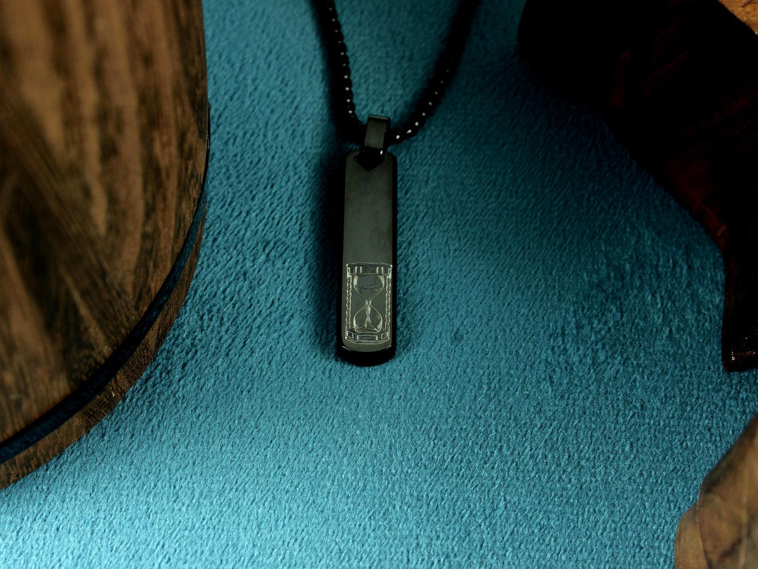 Black Initial Necklace, Sand Timer Art Design