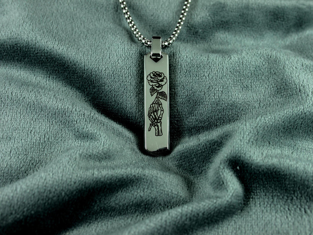 Silver Skull Rose Necklace, Tattoo Art